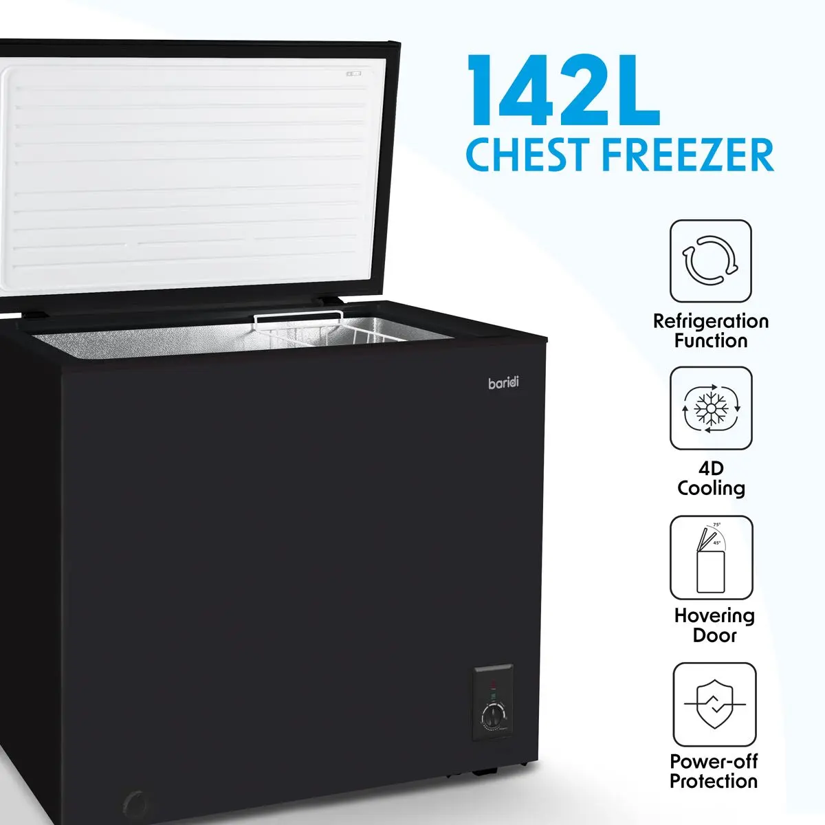 Baridi Freestanding Chest Freezer, 142L Capacity, Garages and Outbuilding Safe, -12 to -24°C Adjustable Thermostat with Refrigeration Mode, Black - Image 7