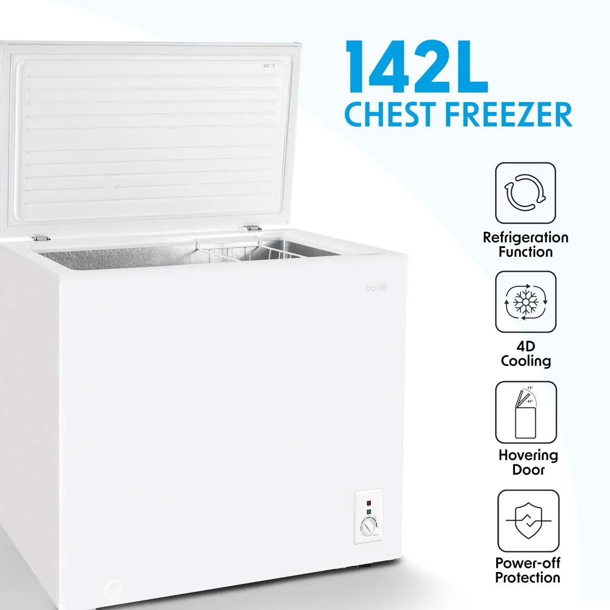 Baridi Freestanding Chest Freezer, 142L Capacity, Garages and Outbuilding Safe, -12 to -24°C Adjustable Thermostat with Refrigeration Mode, White - Image 2