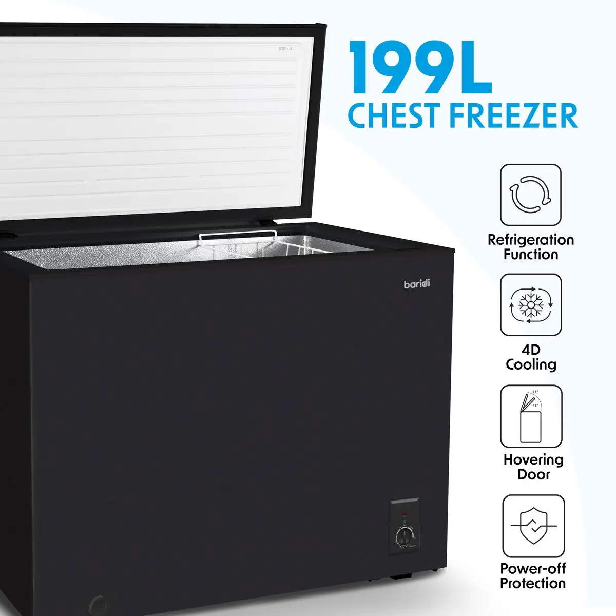 Baridi Freestanding Chest Freezer, 199L Capacity, Garages and Outbuilding Safe, -12 to -24°C Adjustable Thermostat with Refrigeration Mode, Black - Image 9