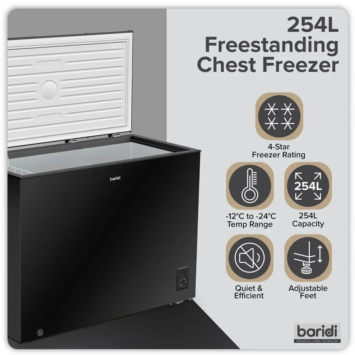 Baridi Freestanding Chest Freezer 254L Capacity - Black - Image 7