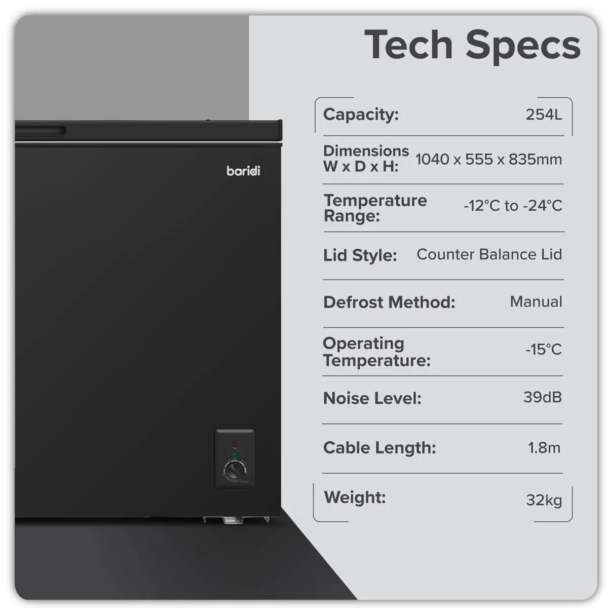 Baridi Freestanding Chest Freezer 254L Capacity - Black - Image 8