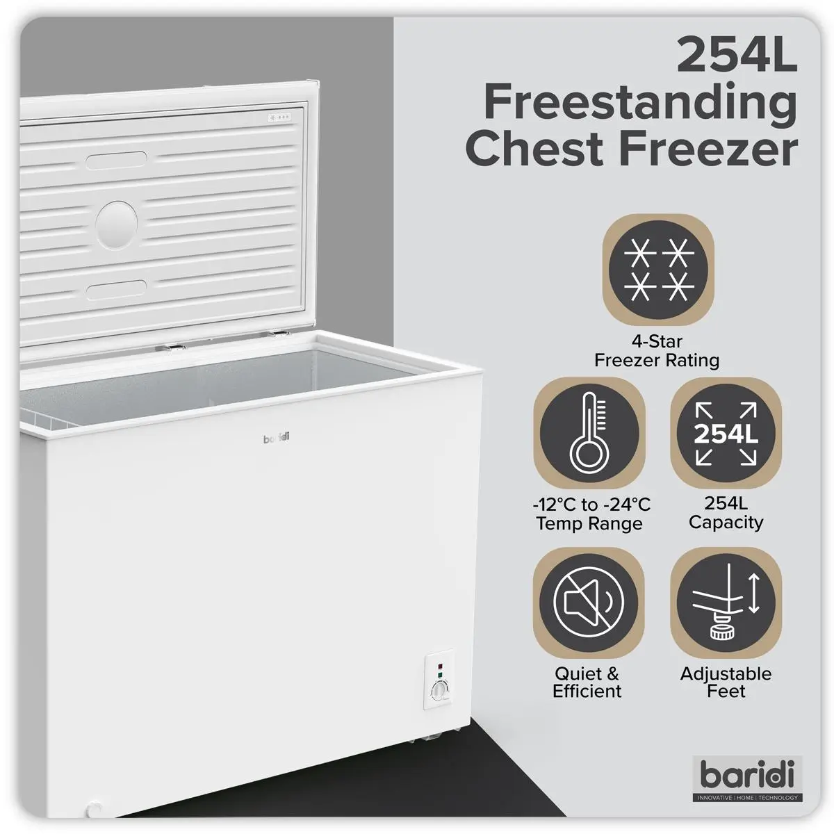 Baridi Freestanding Chest Freezer 254L Capacity - White - Image 7