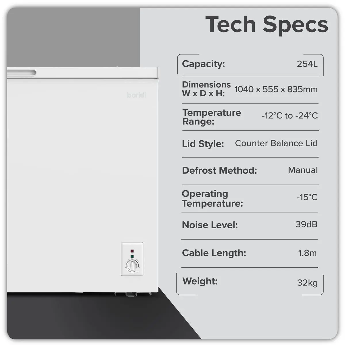 Baridi Freestanding Chest Freezer 254L Capacity - White - Image 9