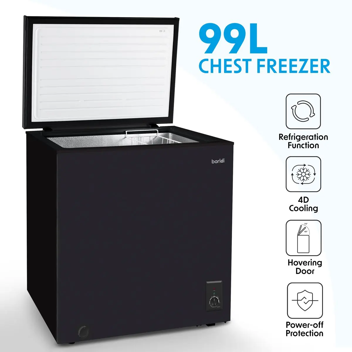 Baridi Freestanding Chest Freezer, 99L Capacity, -12 to -24°C Adjustable Thermostat, Black - DH153 - Image 7