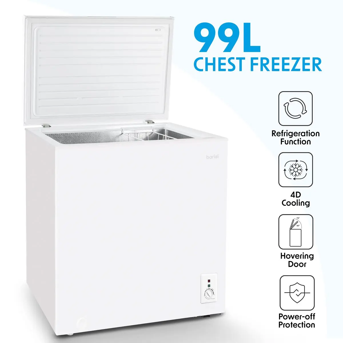 Baridi Freestanding Chest Freezer, 99L Capacity, Garages and Outbuilding Safe, -12 to -24°C Adjustable Thermostat with Refrigeration Mode, White - Image 10