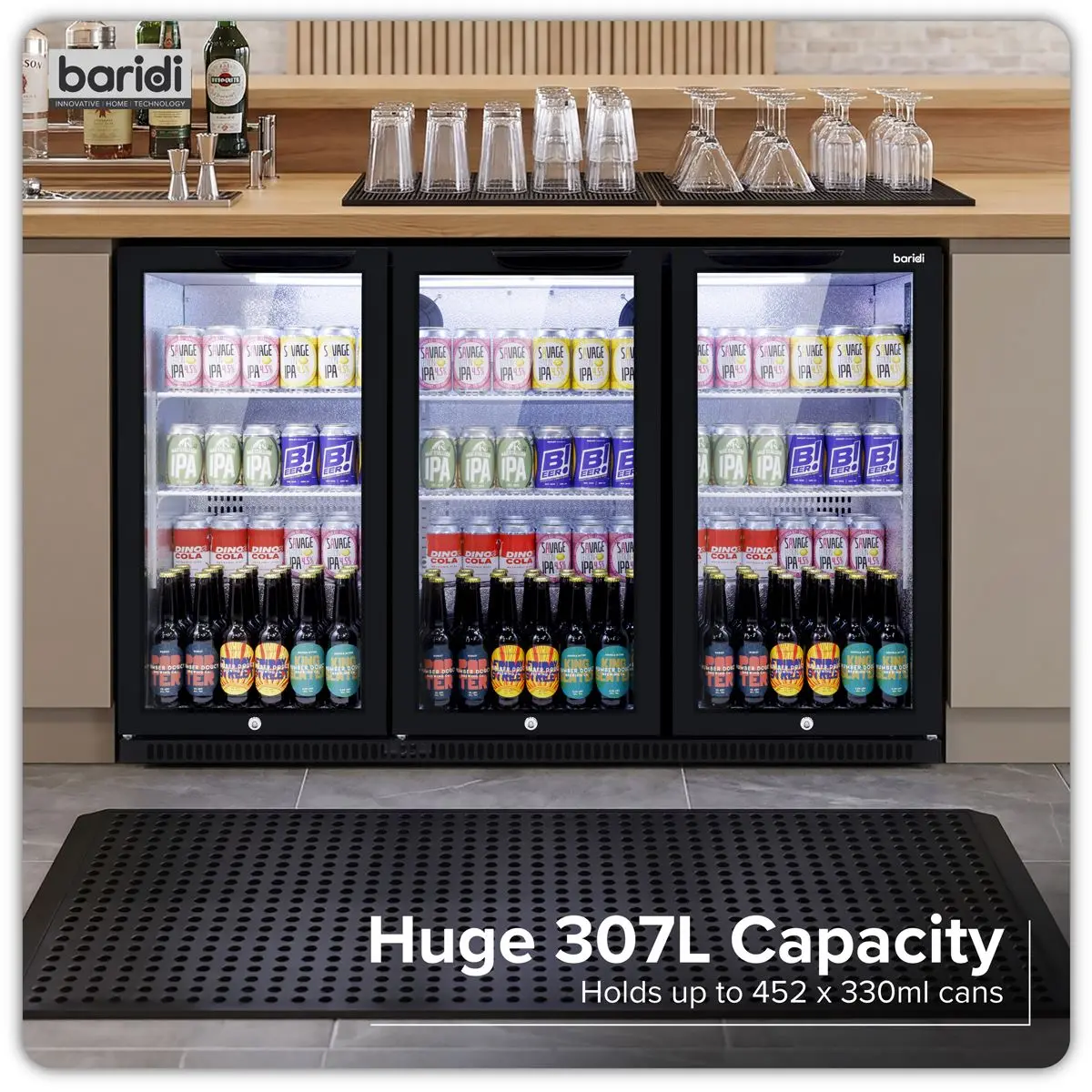 Baridi Hinged Triple Door, Back Bar Drinks Fridge/Cooler, 307L Capacity - Image 4