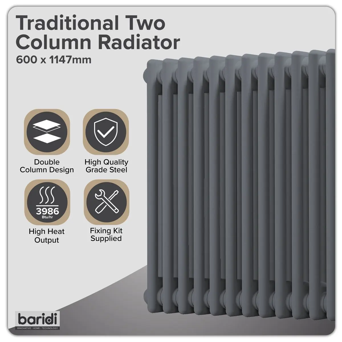 Baridi Horizontal Traditional 2 Column Radiator 600 x 1147mm – Anthracite - Image 10