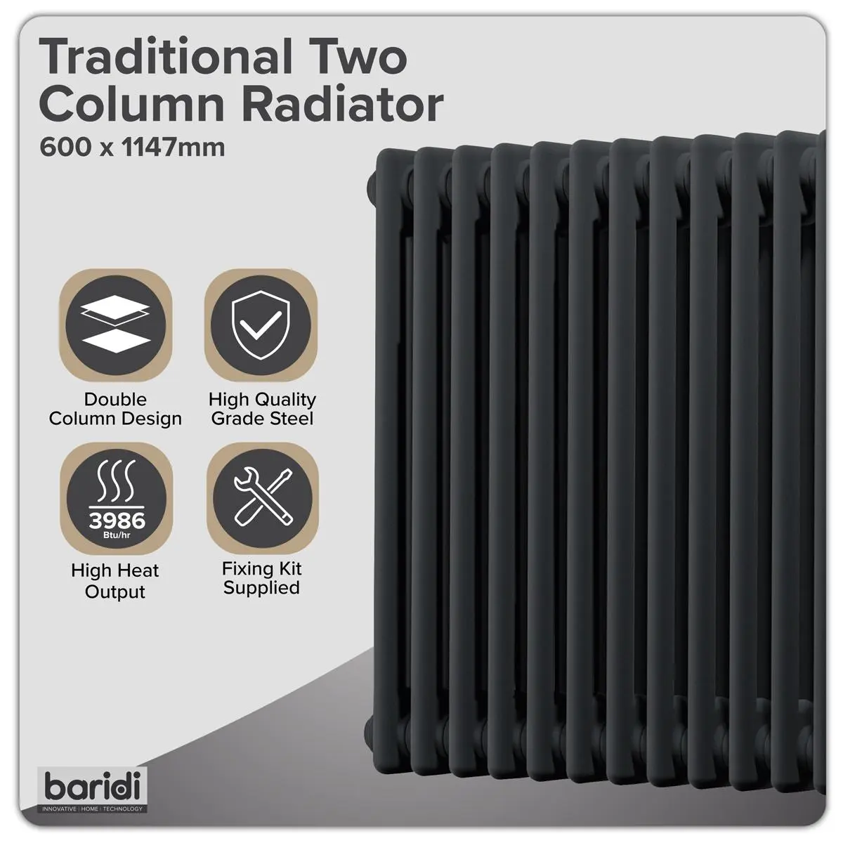 Baridi Horizontal Traditional 2 Column Radiator 600 x 1147mm – Black - Image 10