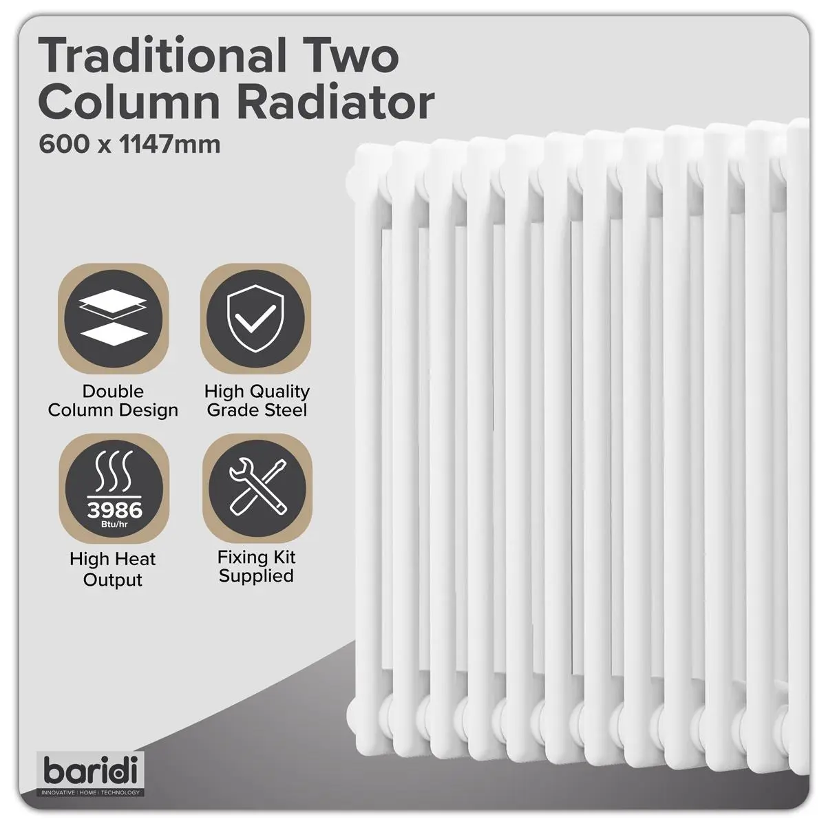 Baridi Horizontal Traditional 2 Column Radiator 600 x 1147mm – White - Image 4