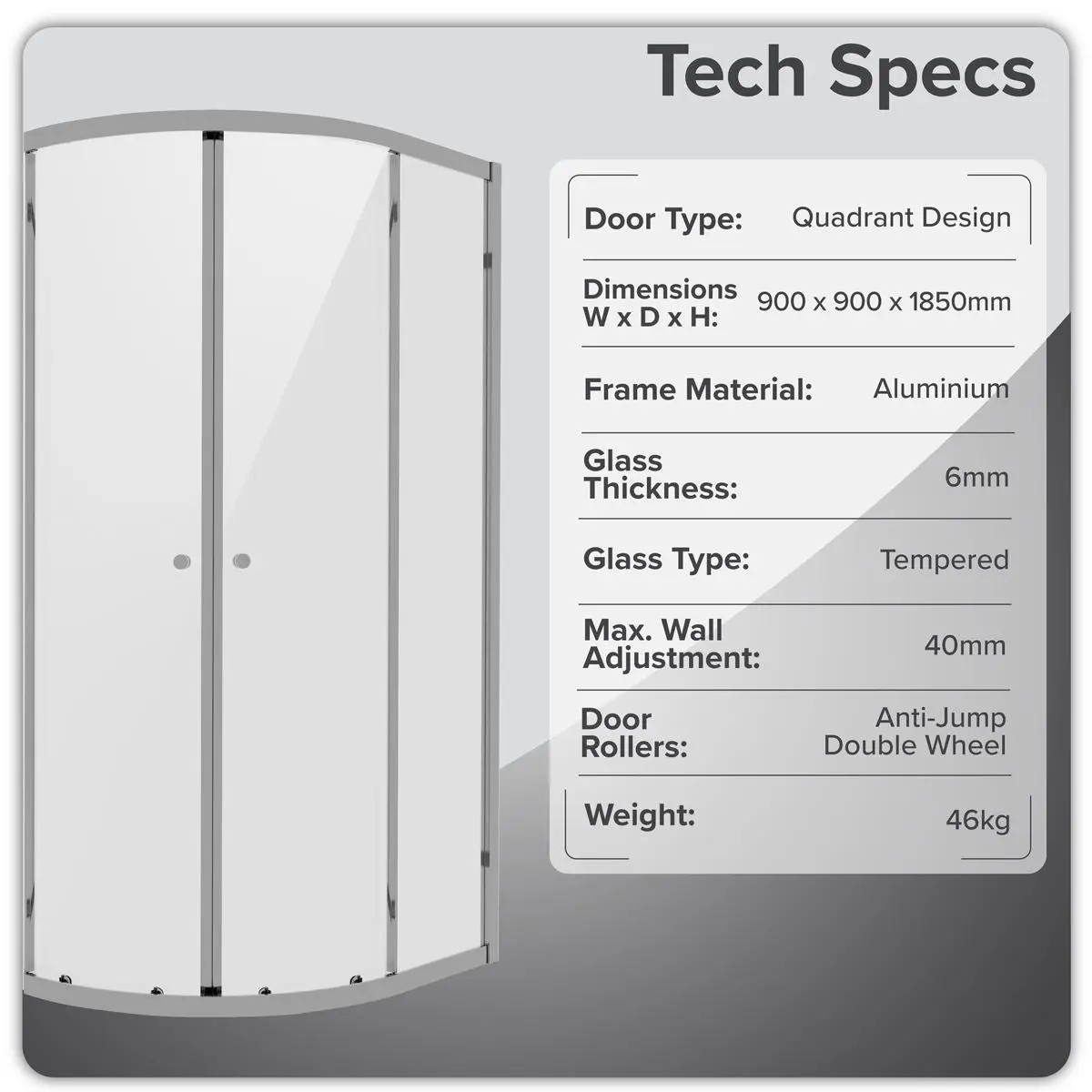 Baridi Quadrant Shower Entry Enclosure 900 x 900 x 1850mm with 6mm Tempered Glass - Chrome - Image 5