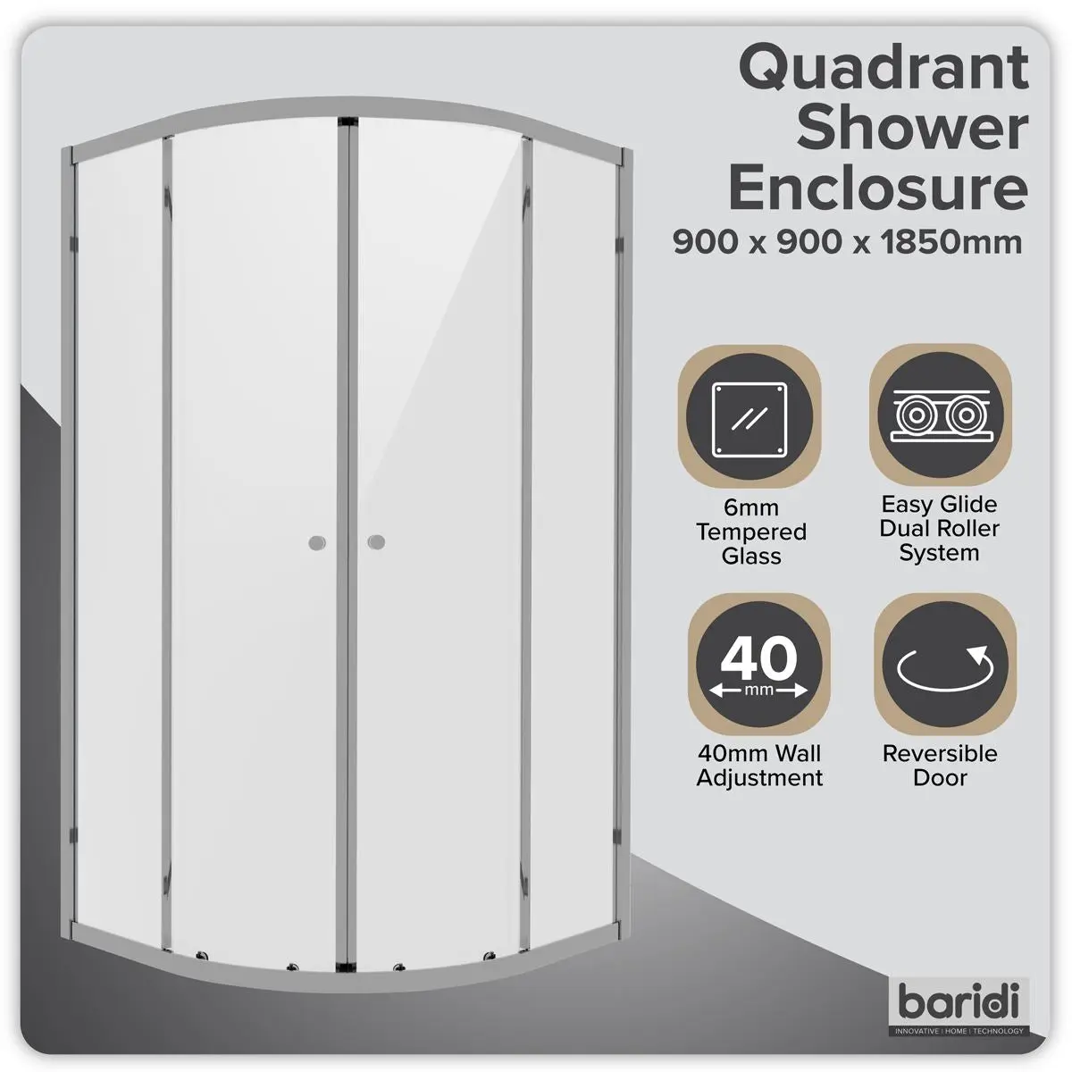 Baridi Quadrant Shower Entry Enclosure 900 x 900 x 1850mm with 6mm Tempered Glass - Chrome - Image 6