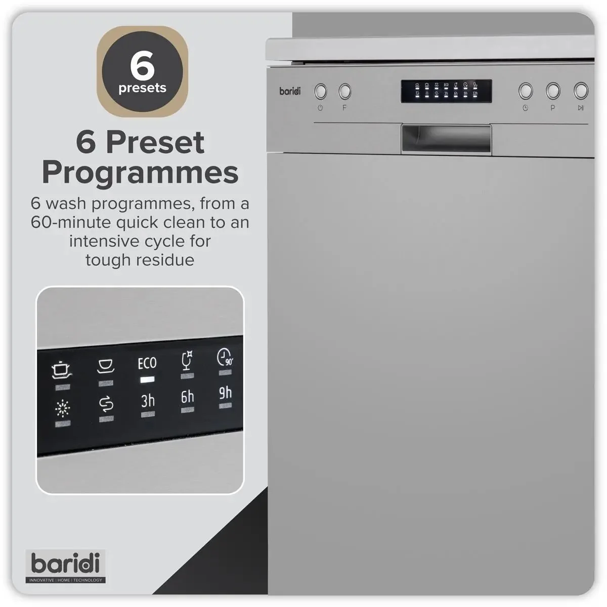 Baridi Regular Sized Freestanding Dishwasher 60cm Wide 13 Place Settings - Silver - Image 2