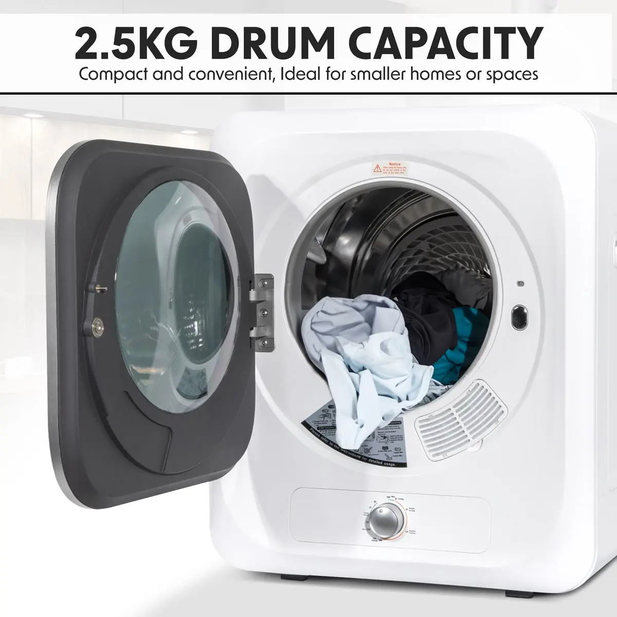 Baridi Small Tumble Dryer, Portable, 2.5kg, Vented, Perfect for Counter Top or Wall Mounted Use with Mechanical Controls, Compact, Mini Spin Dryer - DH192 - Image 5