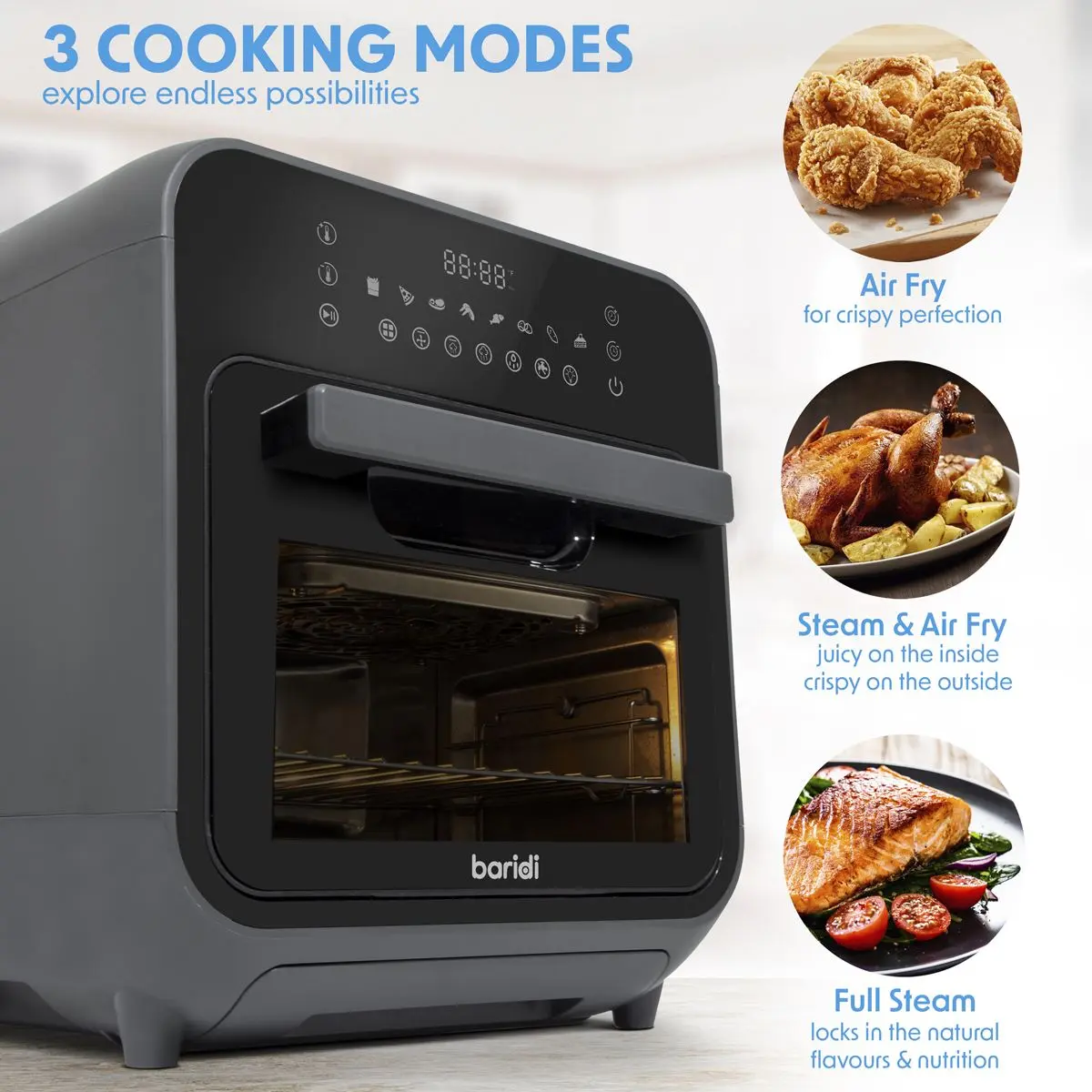 Baridi Steam Air Fryer Oven, Self-Cleaning, 8 Preset Programs, 1635W, 15L, Black - Image 10