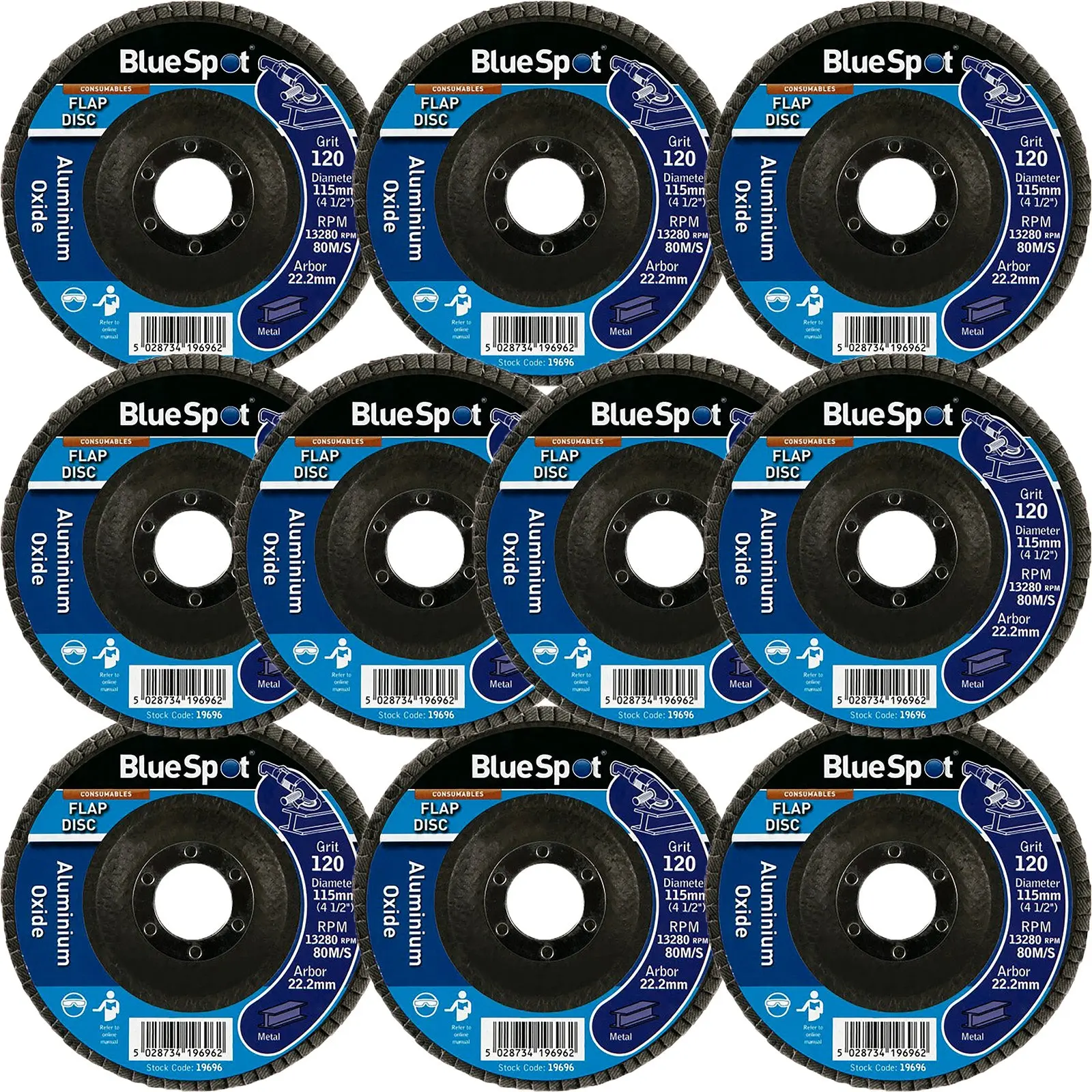 BlueSpot 115mm Aluminium Oxide Flap Sanding Discs 40-120 Grit - Image 8