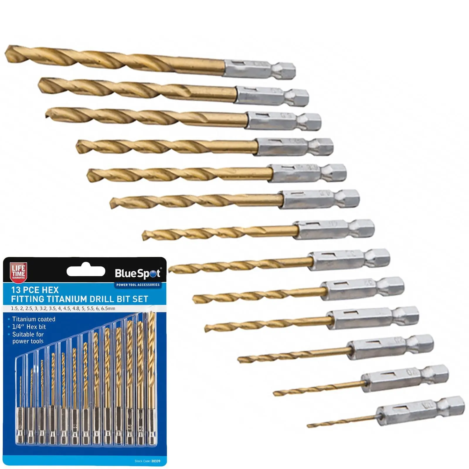 BlueSpot Titanium Drill Bit Set 13 Piece 1.5-6.5mm Hex Shank