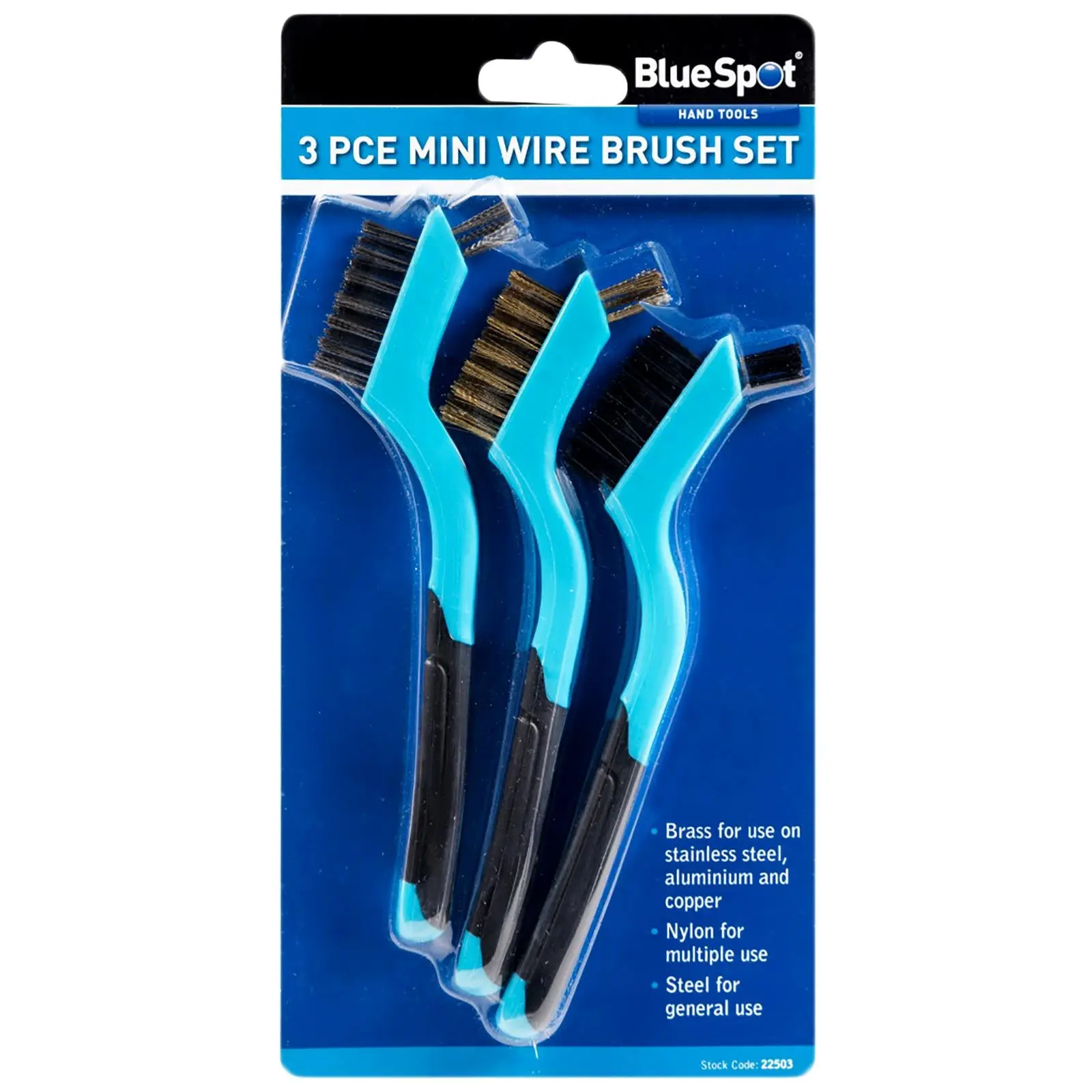 BlueSpot Mini Wire Brush Set 3 Piece Brass Nylon Steel Heads - Image 3