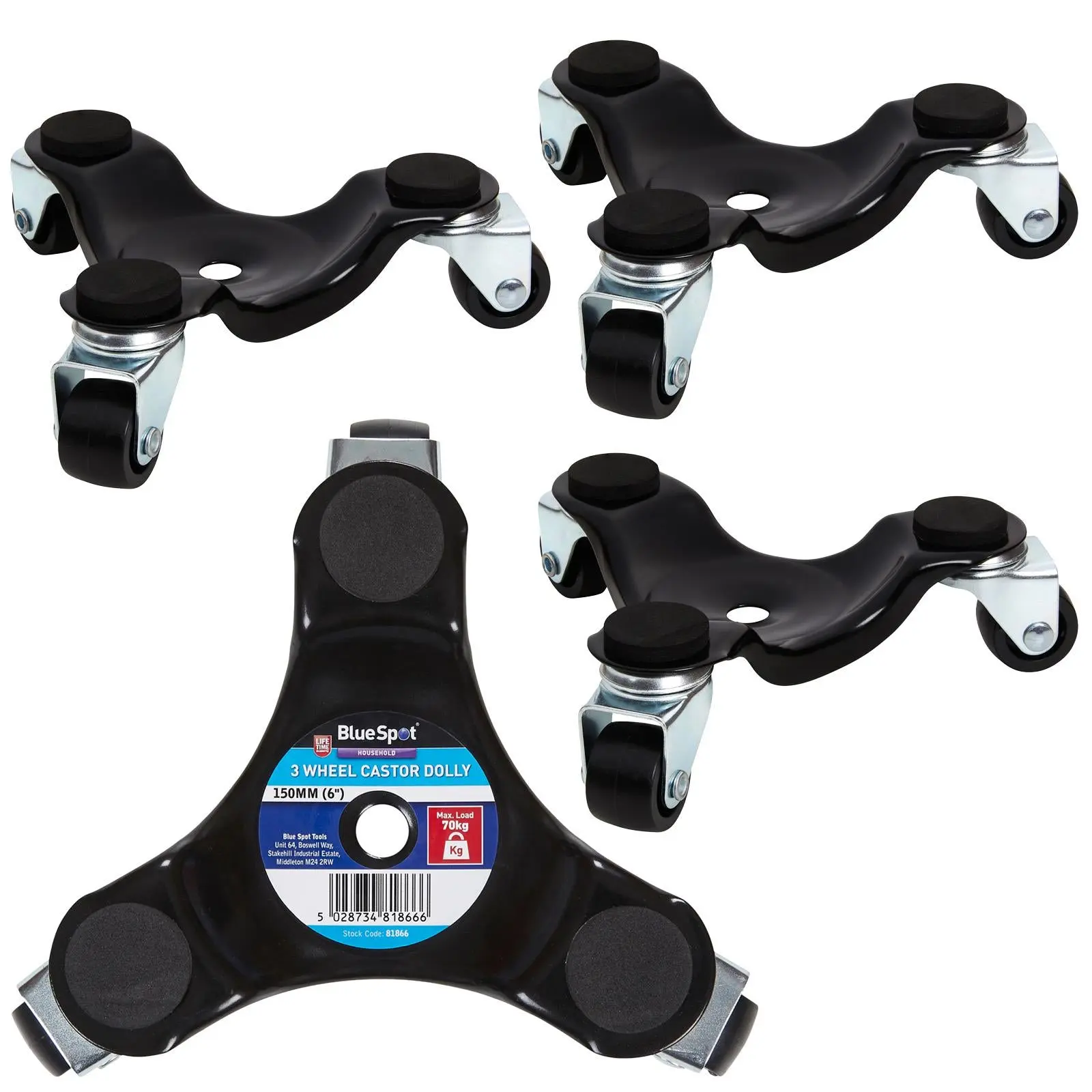 BlueSpot 3 Wheel Castor Dolly 150mm 70kg Load Capacity 4 Pack