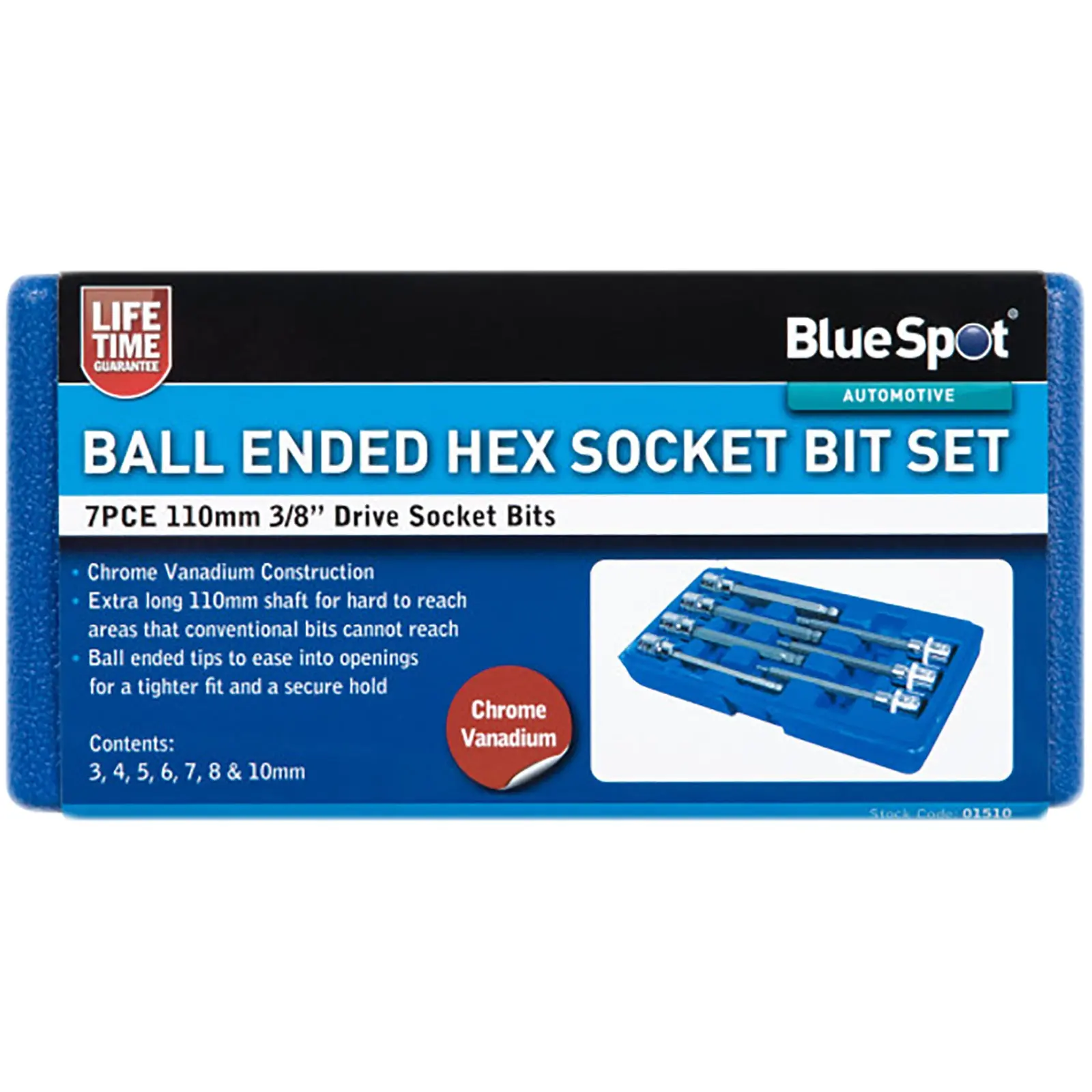 BlueSpot Ball End Hex Socket Bit Set Extra Long 7 Piece 110mm 3/8" Drive 3-10mm - Image 3