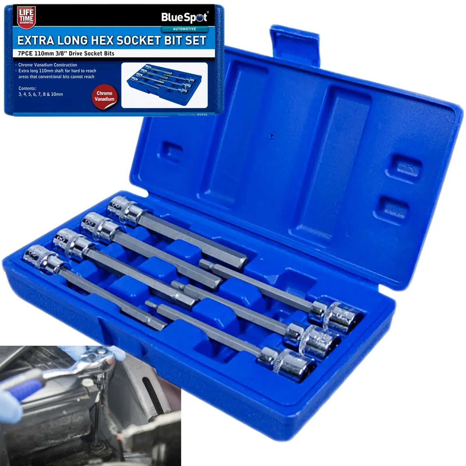 BlueSpot Hex Socket Bit Set 7 Piece 110mm 3/8" Drive Extra Long 3-10mm