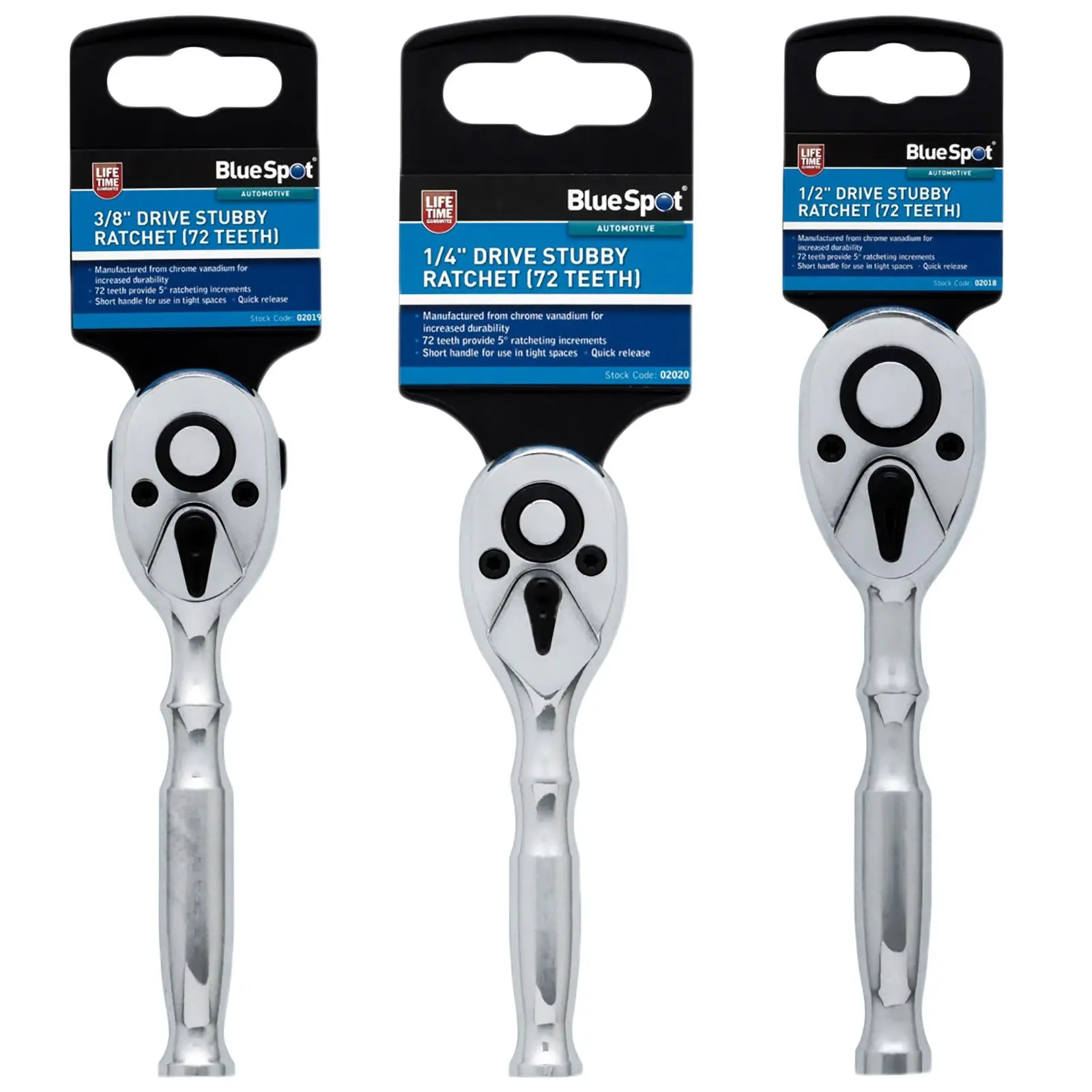 BlueSpot 72 Tooth Stubby Socket Ratchet Handle 1/4" 3/8" 1/2" Drive