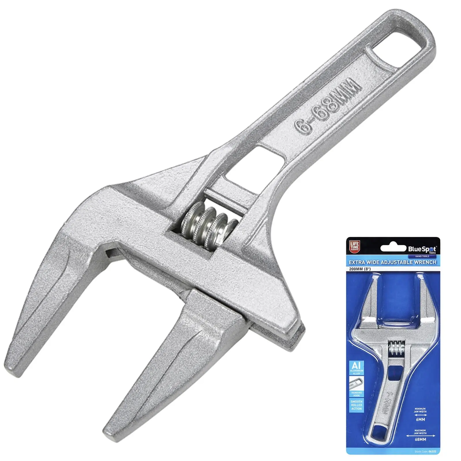 BlueSpot Adjustable Wrench Extra Wide 200mm 8in Jaw Width 68mm