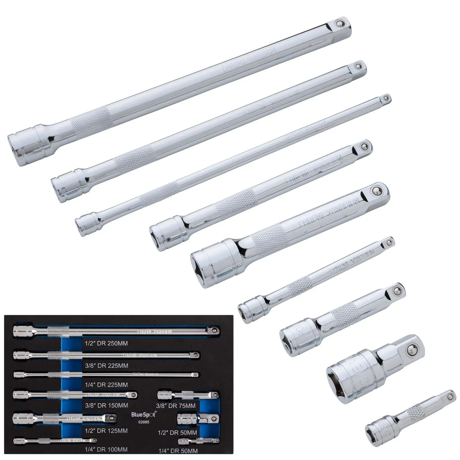 BlueSpot Extension Bar Set 1/4" 3/8" 1/2" Drive Mixed 9 Piece in EVA Foam