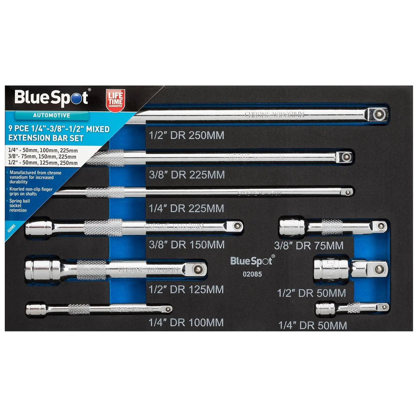 BlueSpot Extension Bar Set 1/4" 3/8" 1/2" Drive Mixed 9 Piece in EVA Foam - Image 4