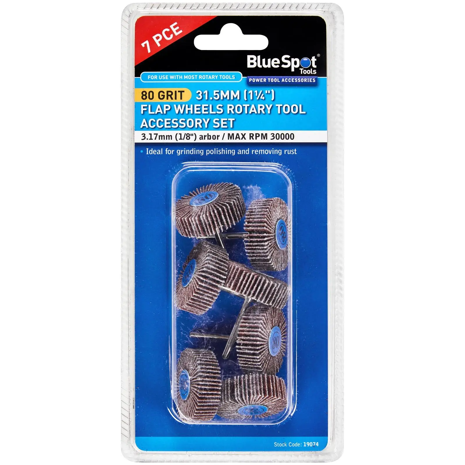 BlueSpot Flap Wheels 80 Grit 31.5mm for Rotary Tool 7 Piece