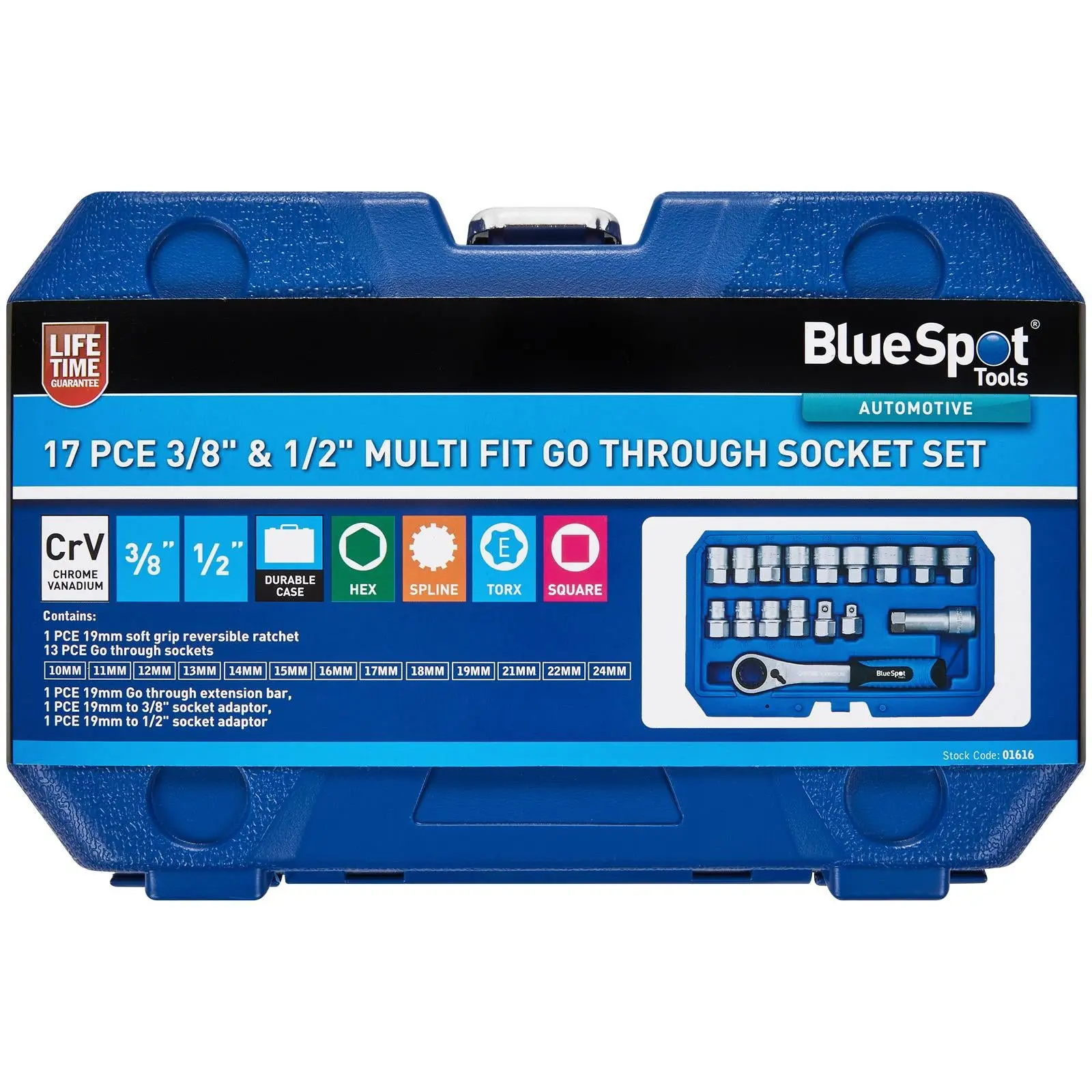 BlueSpot Go Through Multi Fit Socket Set 3/8" and 1/2" Drive 10-24mm 17 Piece - Image 2