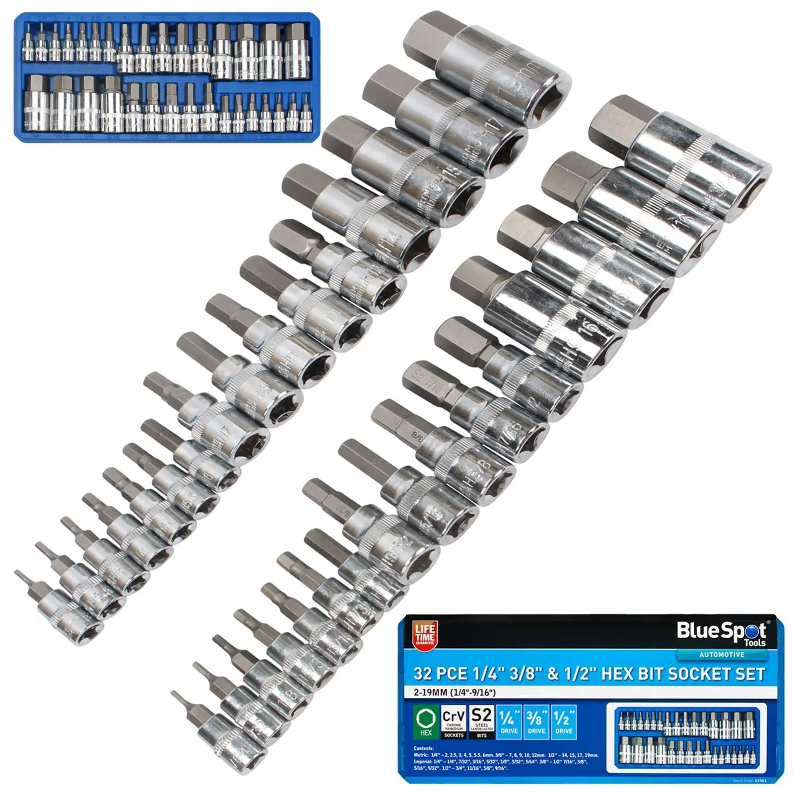 BlueSpot Hex Bit Socket Set 32 Piece 1/4" 3/8" 1/2" Drive Metric and Imperial - Image 3