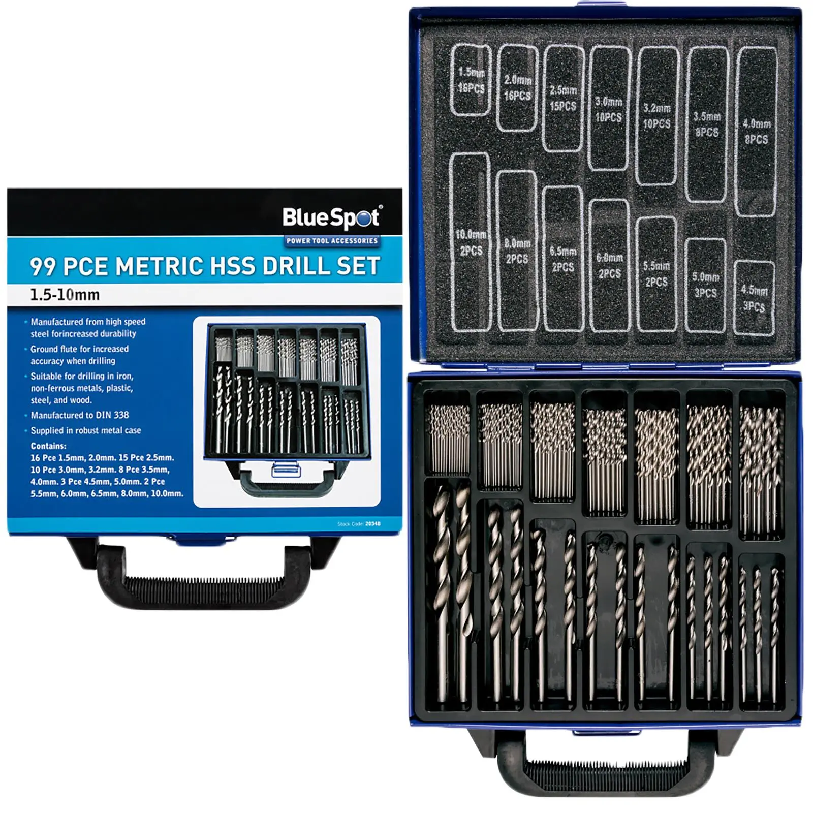BlueSpot HSS Drill Bit Set 99 Piece 1.5mm-10mm in Metal Case