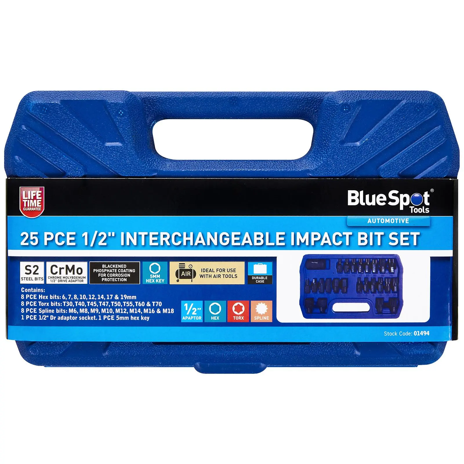 BlueSpot Impact Bit Set 1/2" Drive Hex 6-19mm Torx T30-T70 Spline M6-M18 25 Piece