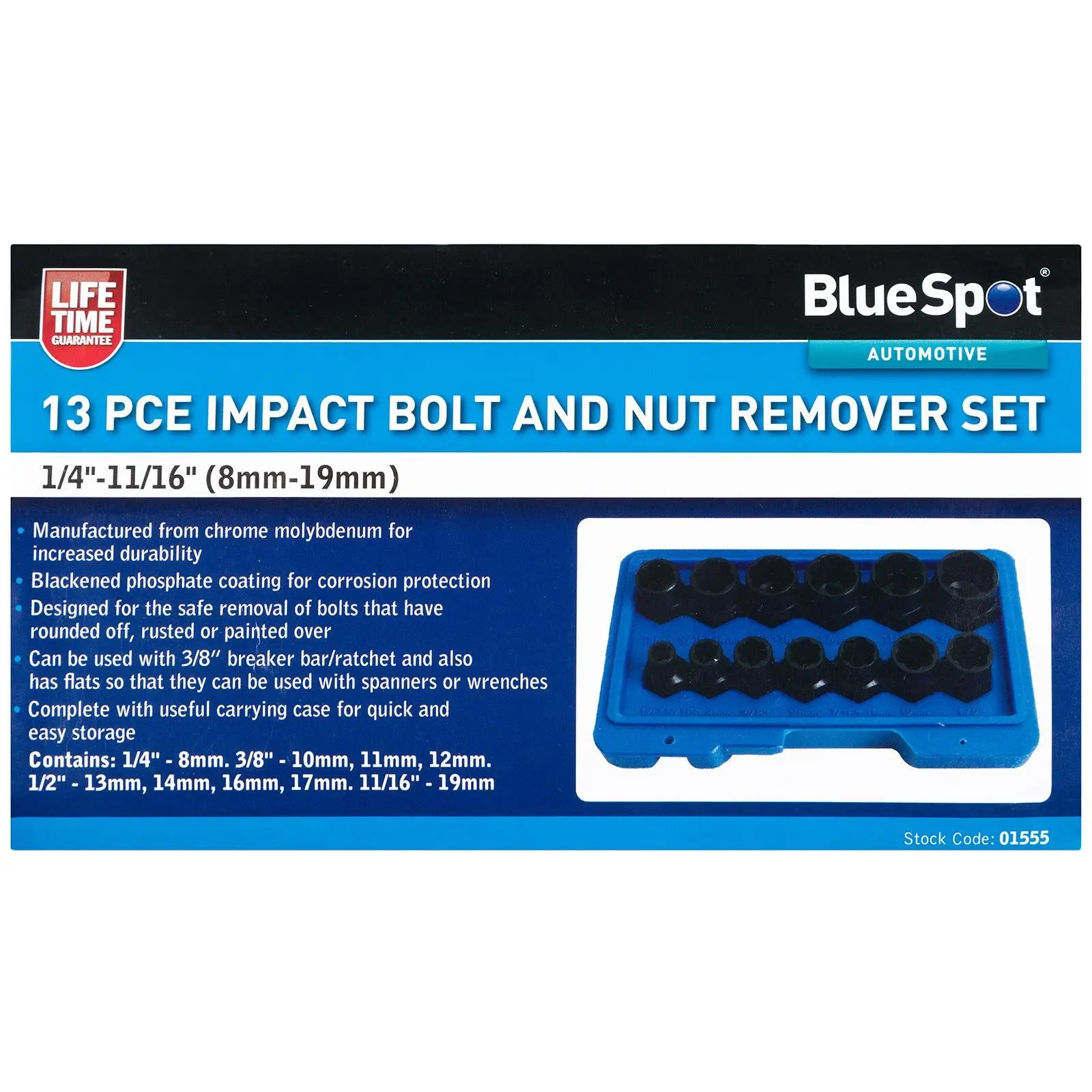 BlueSpot Impact Bolt and Nut Remover Set 13 Piece 8-19mm 1/4"-11/16 - Image 4