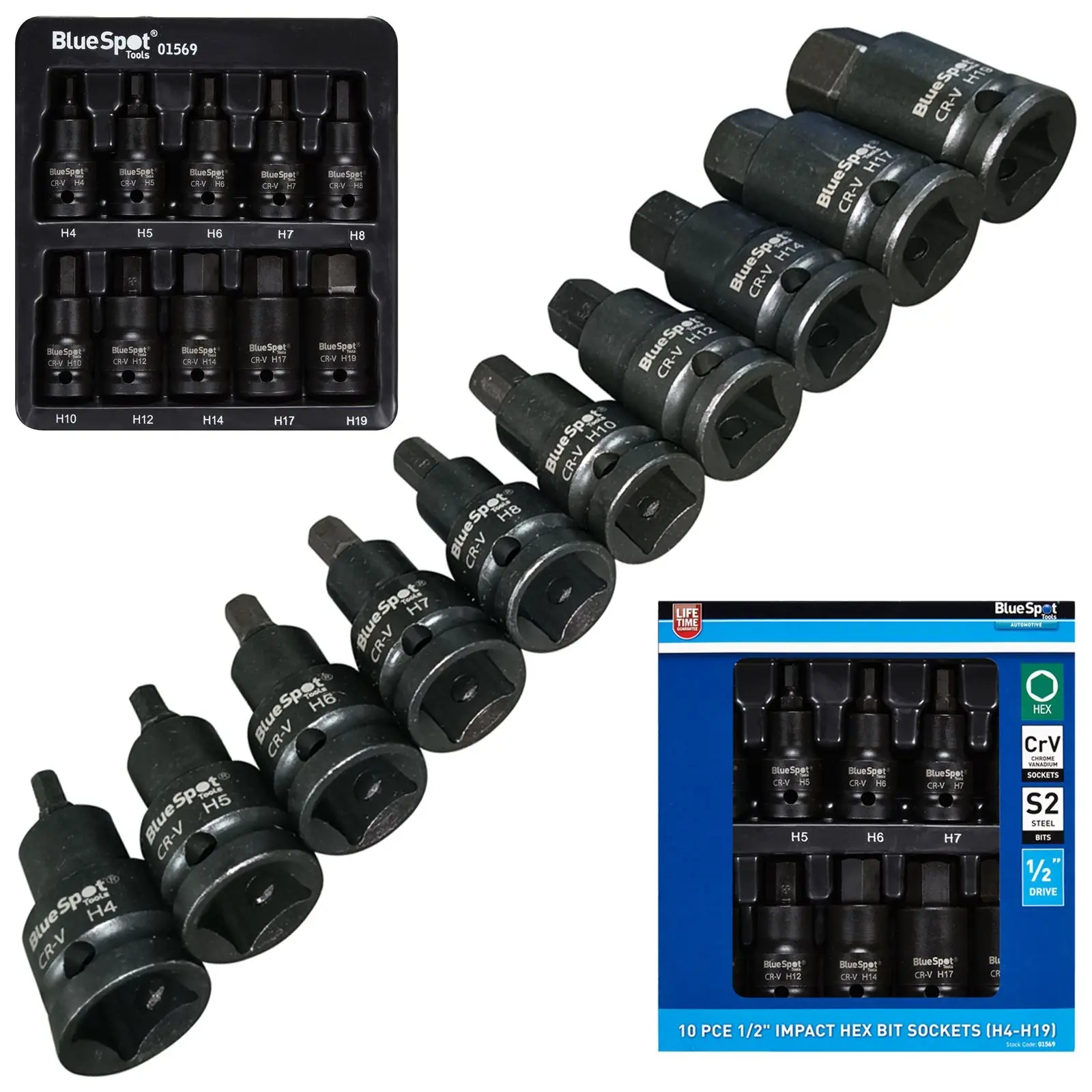 BlueSpot Impact Hex Bit Sockets 1/2" 10 Piece H4-H19