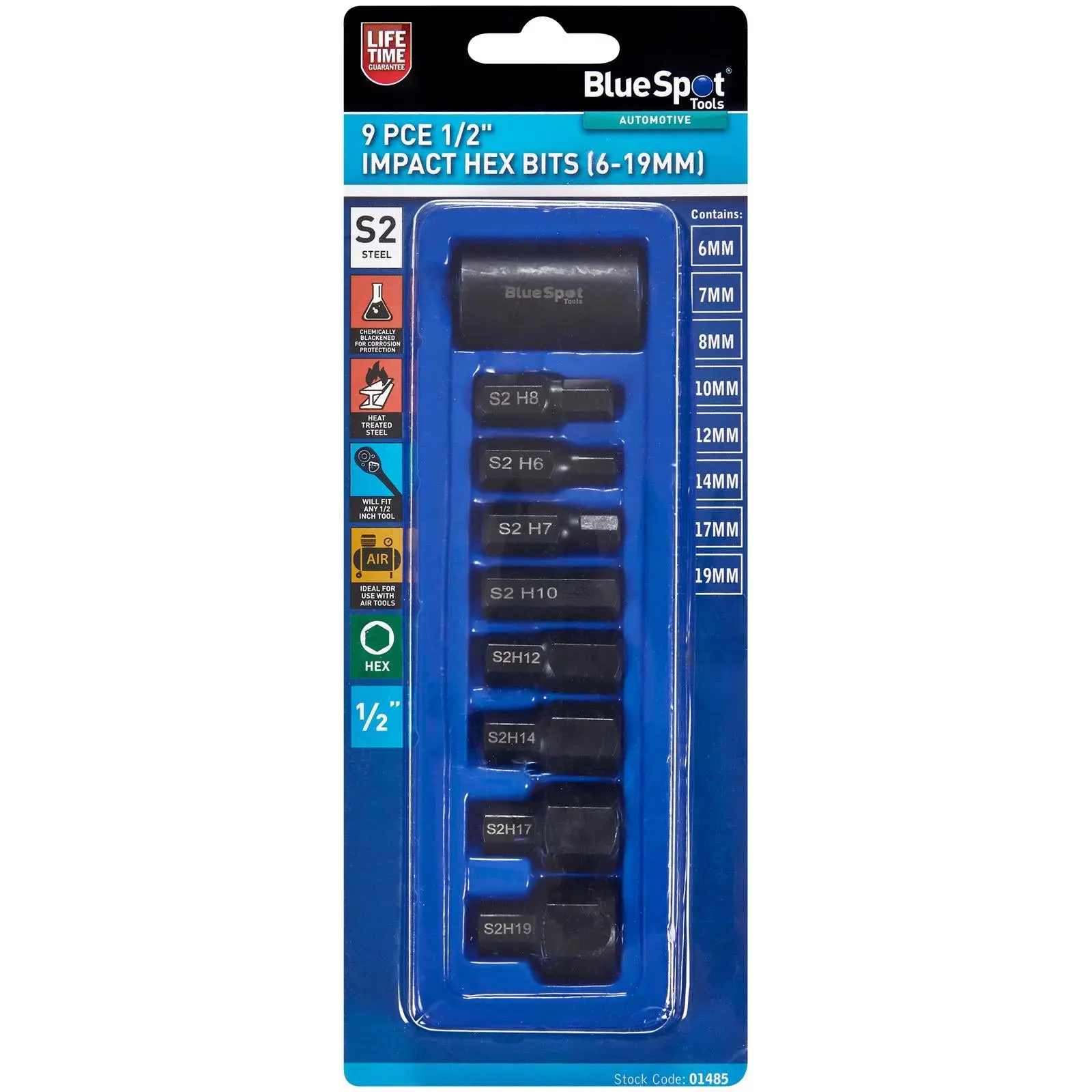 BlueSpot Impact Hex Socket Bits 1/2" Drive 6-19mm 9 Piece