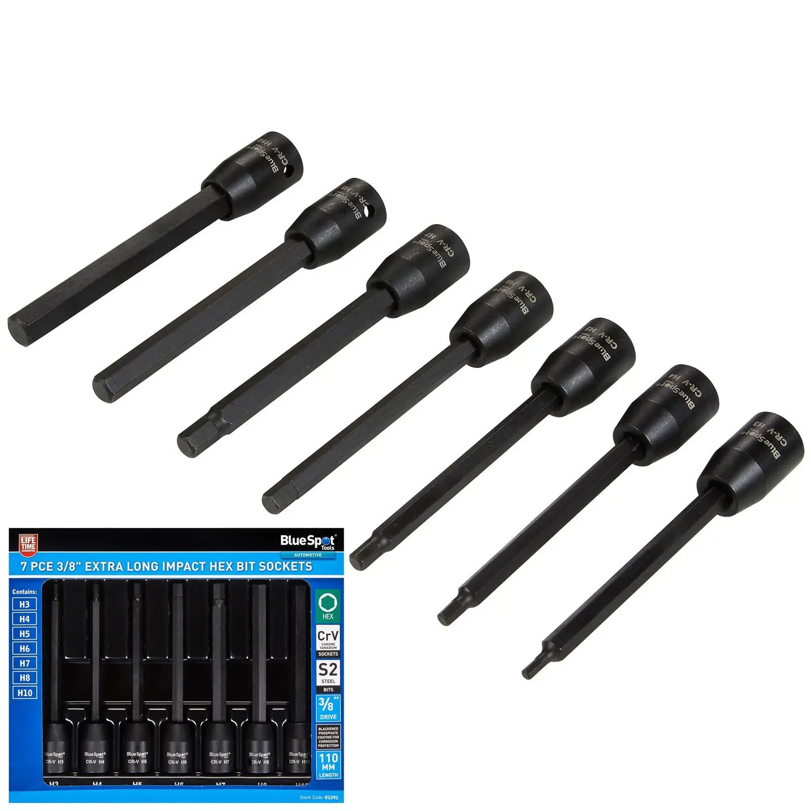 BlueSpot Impact Hex Socket Set Extra Long 110mm 3/8" Drive 3-10mm 7 Piece
