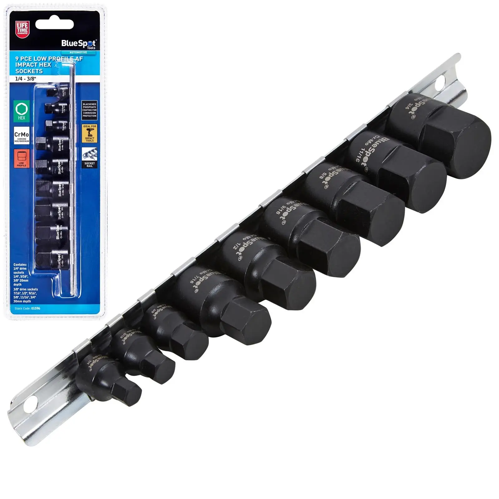 BlueSpot Impact Hex Socket Set Imperial AF Low Profile on Socket Rail 9 Pieces 1/4" 3/8" Drive