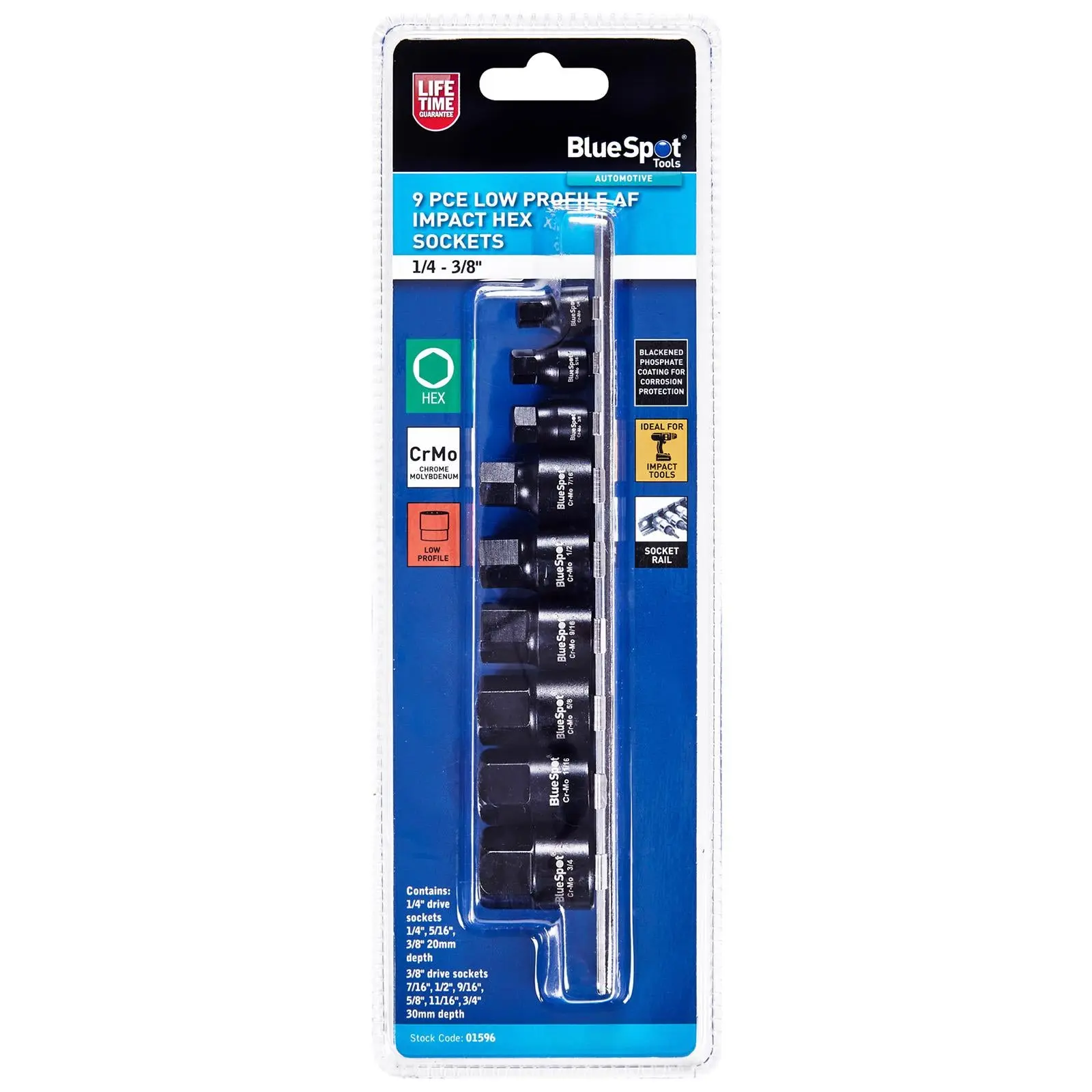BlueSpot Impact Hex Socket Set Imperial AF Low Profile on Socket Rail 9 Pieces 1/4" 3/8" Drive - Image 2