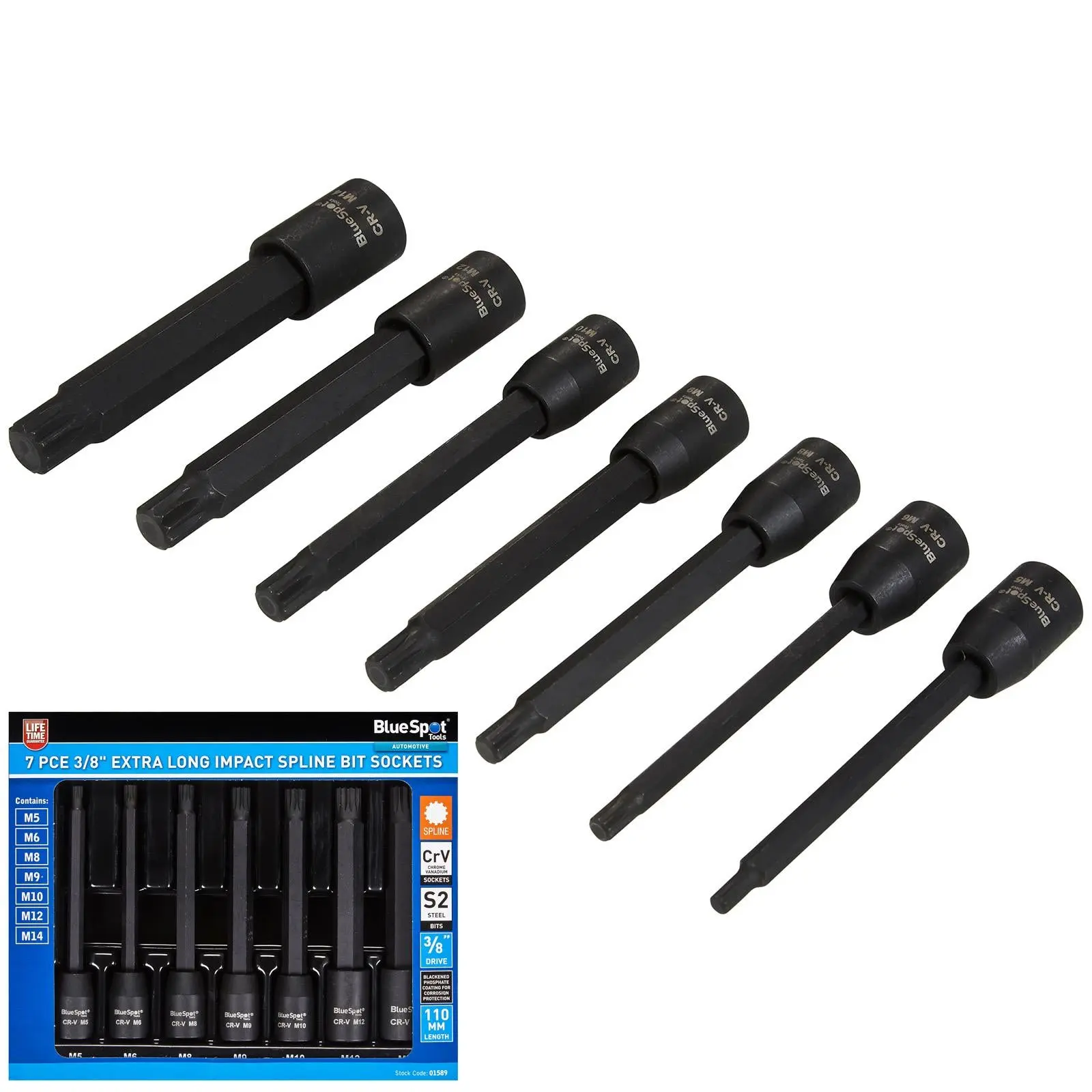 BlueSpot Impact Spline Socket Set Extra Long 110mm 3/8" Drive M5-M14 7 Piece