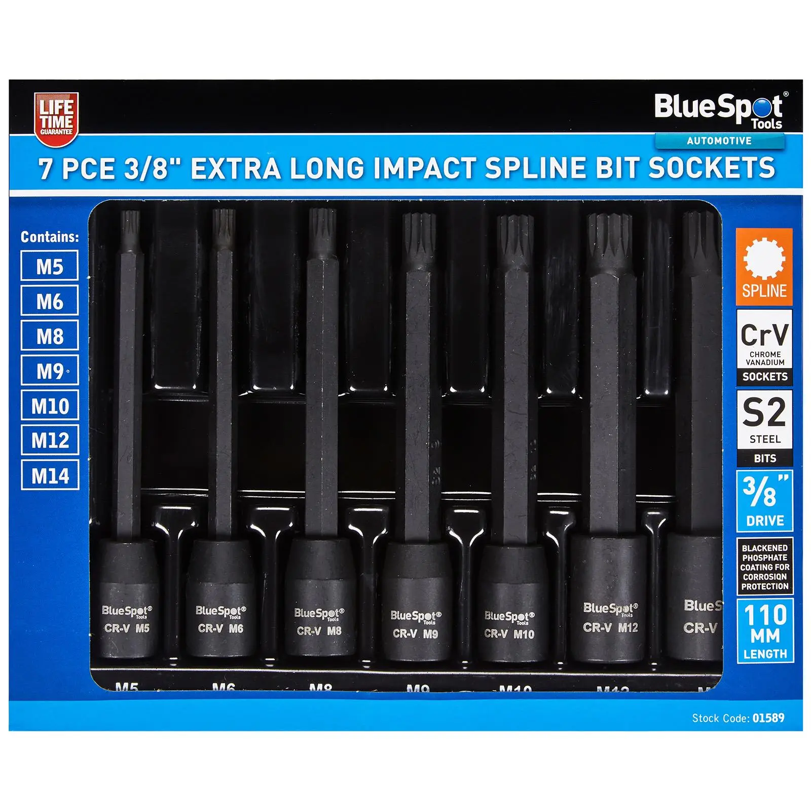 BlueSpot Impact Spline Socket Set Extra Long 110mm 3/8" Drive M5-M14 7 Piece - Image 2