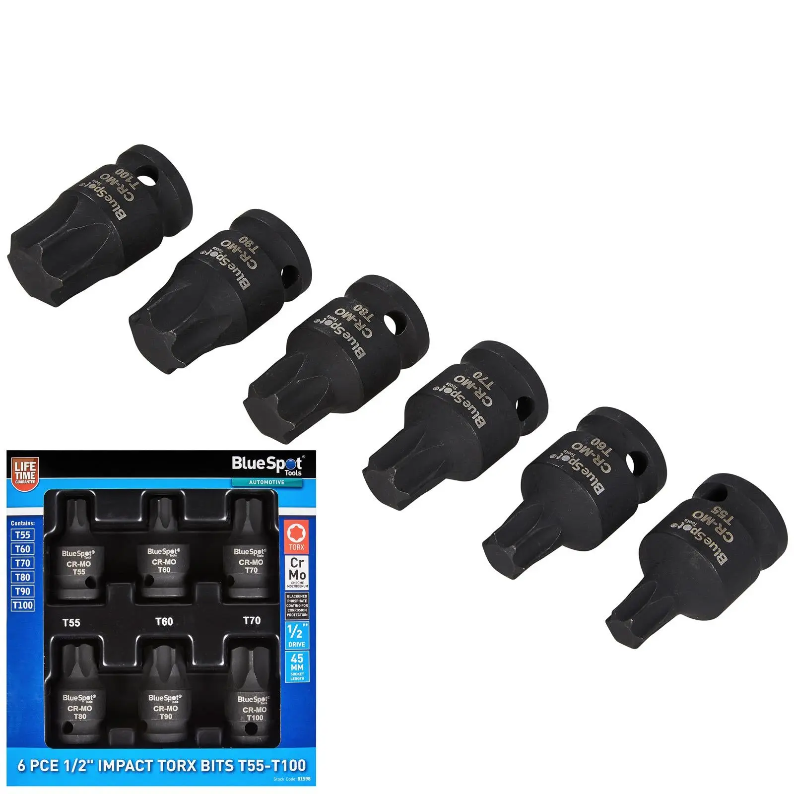 BlueSpot Impact Torx Socket Set 1/2" Drive T55-T100 6 Piece