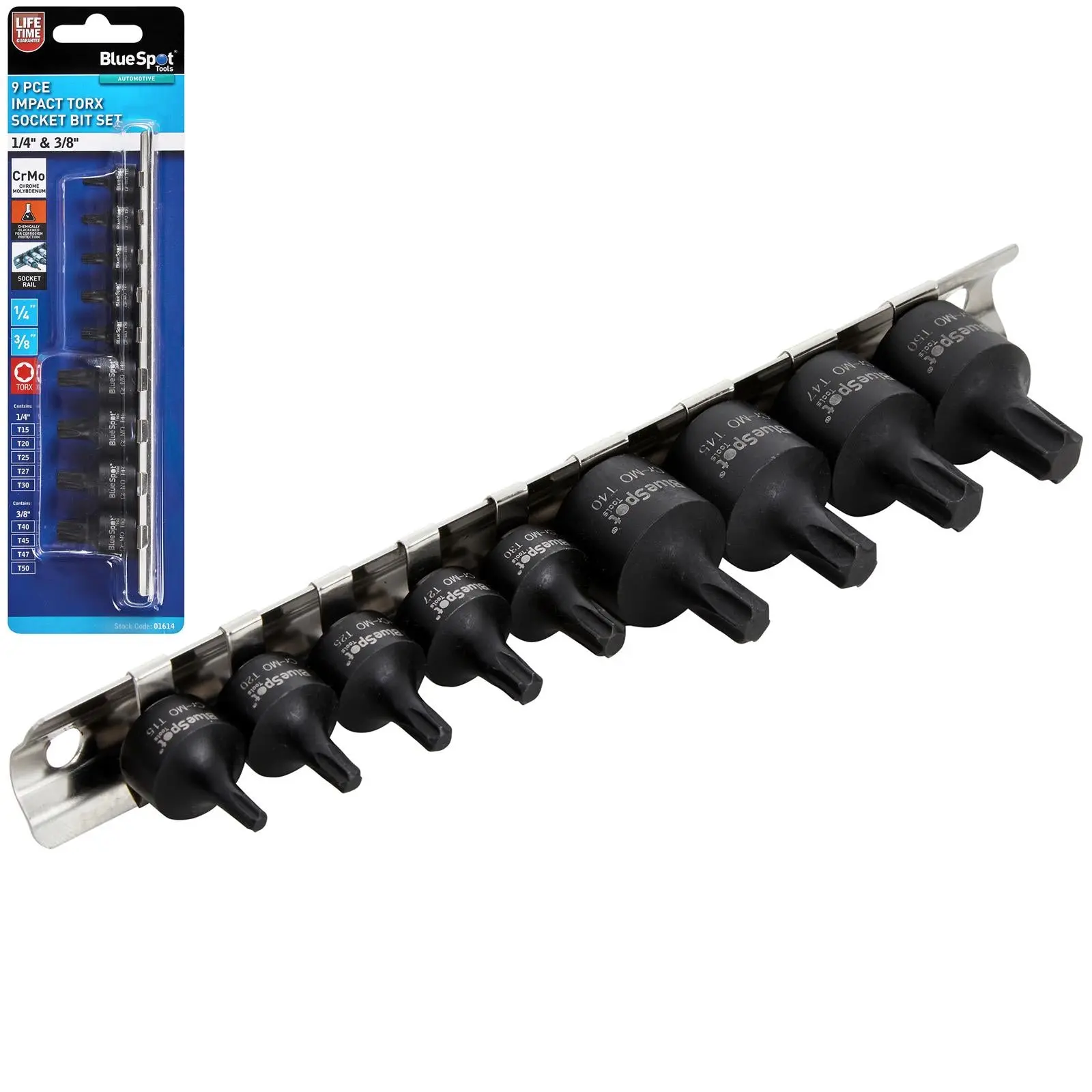 BlueSpot Impact Torx Socket Set 1/4" 3/8" Drive T15-T50 9 Piece on Socket Rail