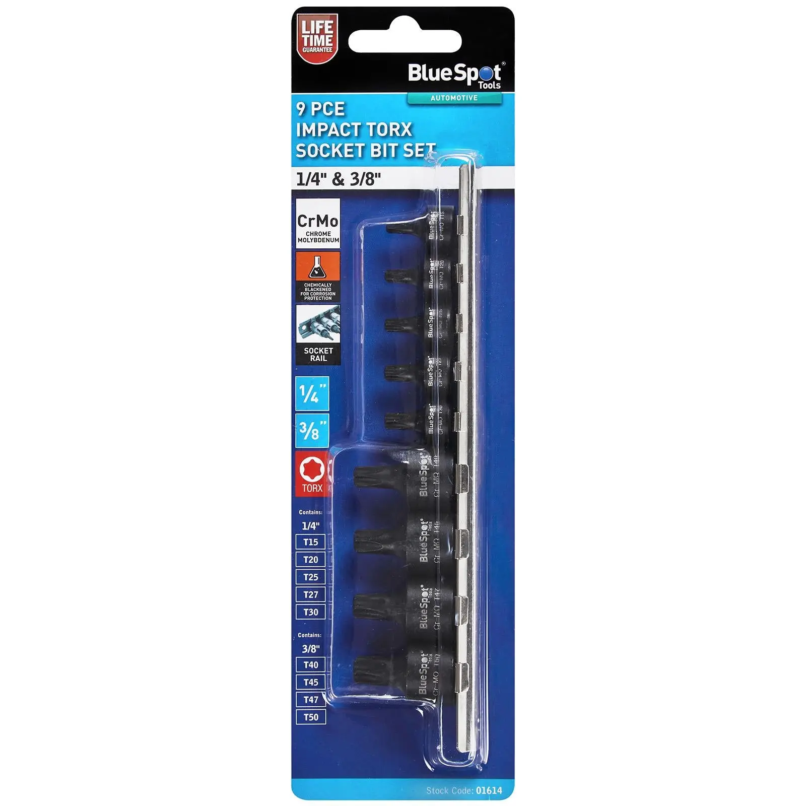 BlueSpot Impact Torx Socket Set 1/4" 3/8" Drive T15-T50 9 Piece on Socket Rail - Image 2