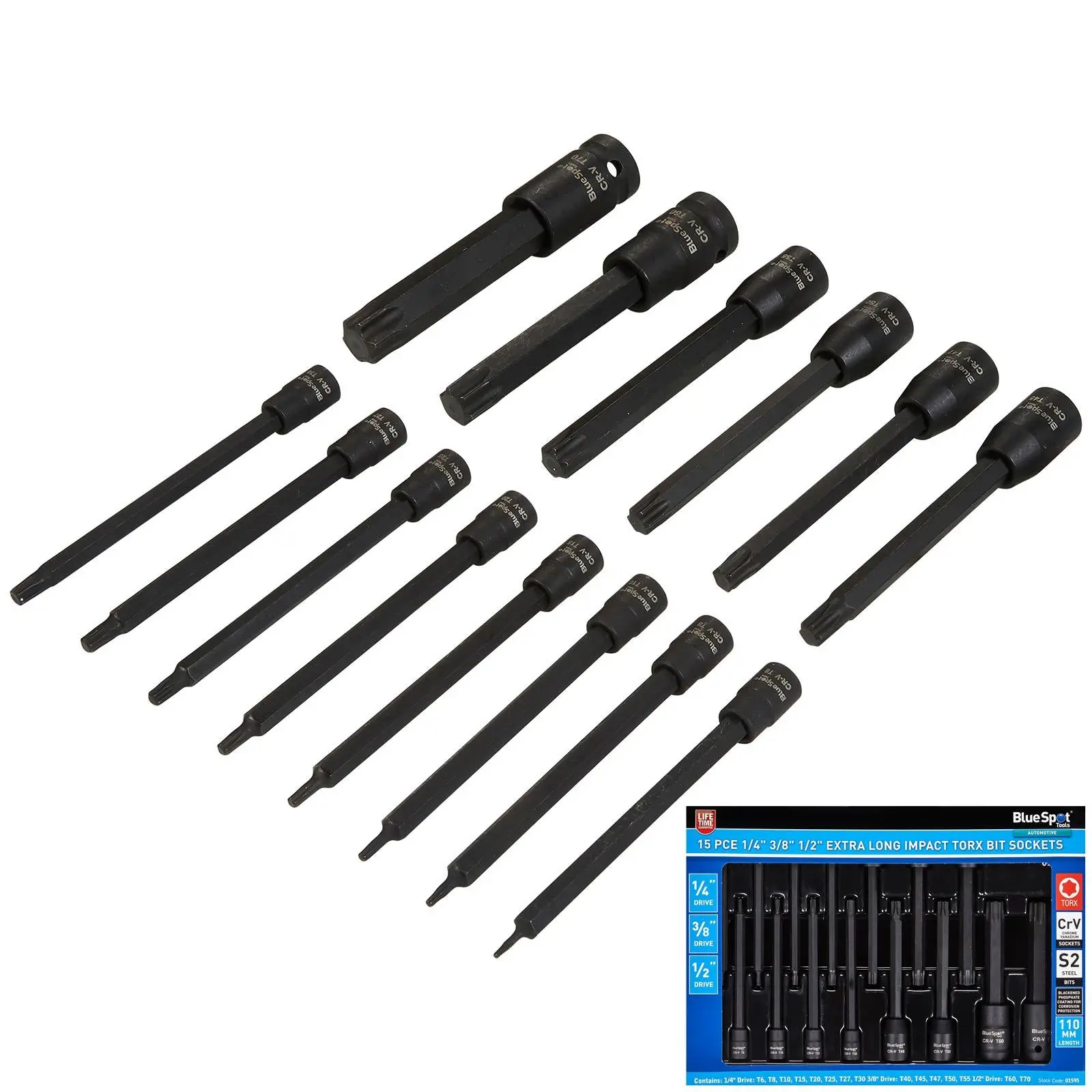BlueSpot Impact Torx Socket Set Extra Long 110mm 1/4" 3/8" 1/2" Drive T6-T70 15pc