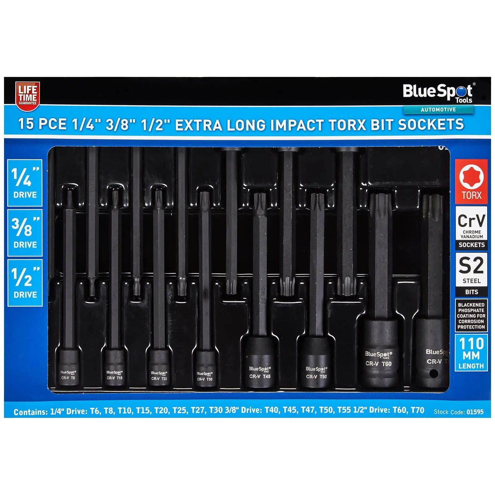 BlueSpot Impact Torx Socket Set Extra Long 110mm 1/4" 3/8" 1/2" Drive T6-T70 15pc - Image 2