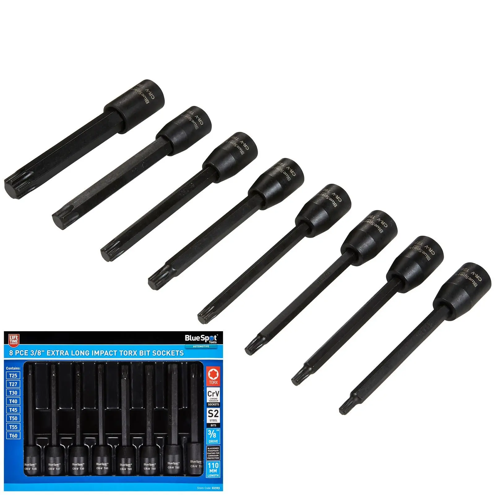BlueSpot Impact Torx Socket Set Extra Long 110mm 3/8" Drive T25-T60 8 Piece