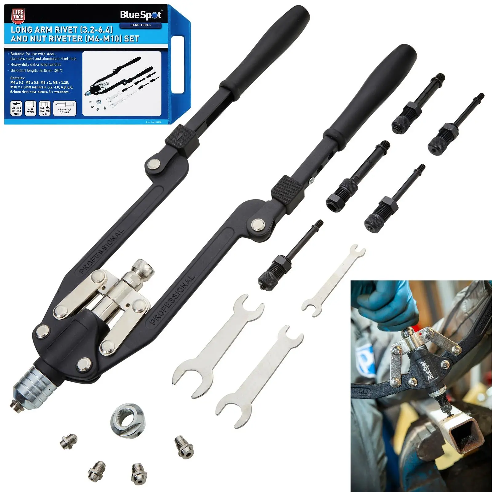 BlueSpot Long Arm Rivet (3.2-6.4) and Nut Riveter (M4-M10) Set