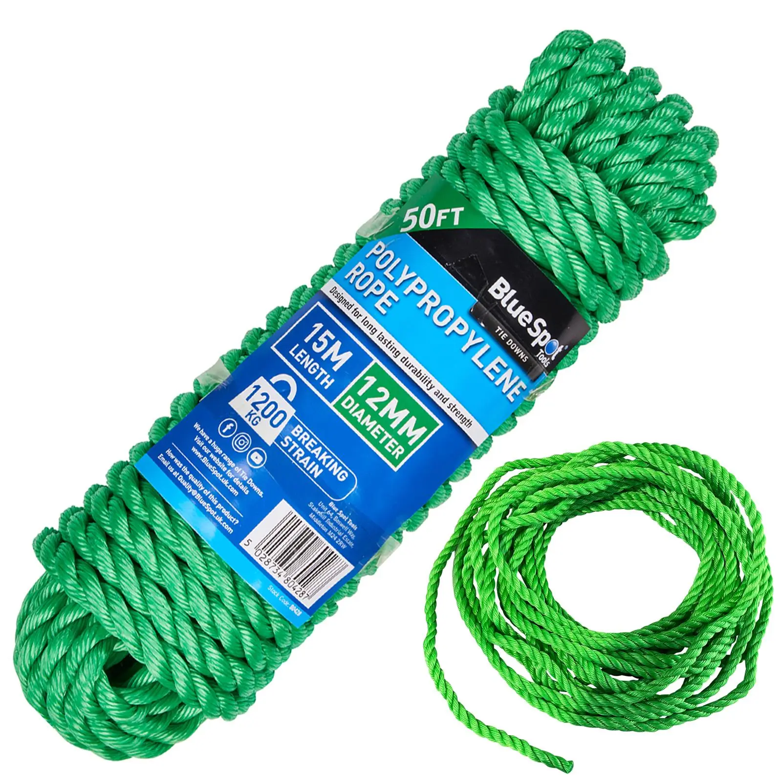 BlueSpot Polypropylene Rope Green 15m x 12mm 50ft