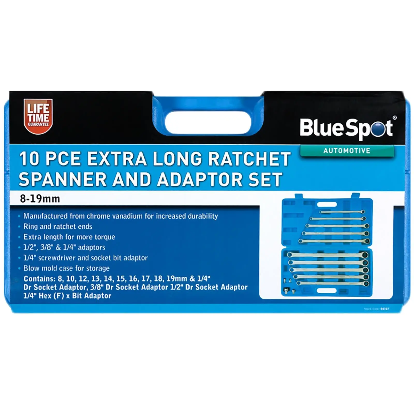 BlueSpot Ratchet Ring Spanner and Adaptor Set Extra Long 8-19mm 10 Piece - Image 2